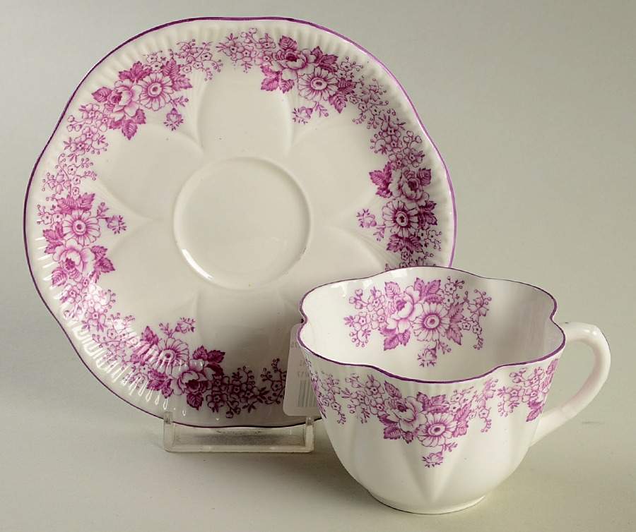 Rose and Daisy Mauve Flat Cup & Saucer Set by Shelley-1