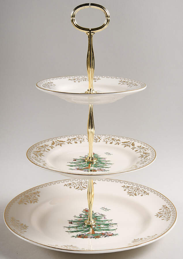 Christmas Tree Gold Collection 13 7/8"-14 1/4" 3-Tiered Serving Tray(DP,SP,BB) HC by Spode-1