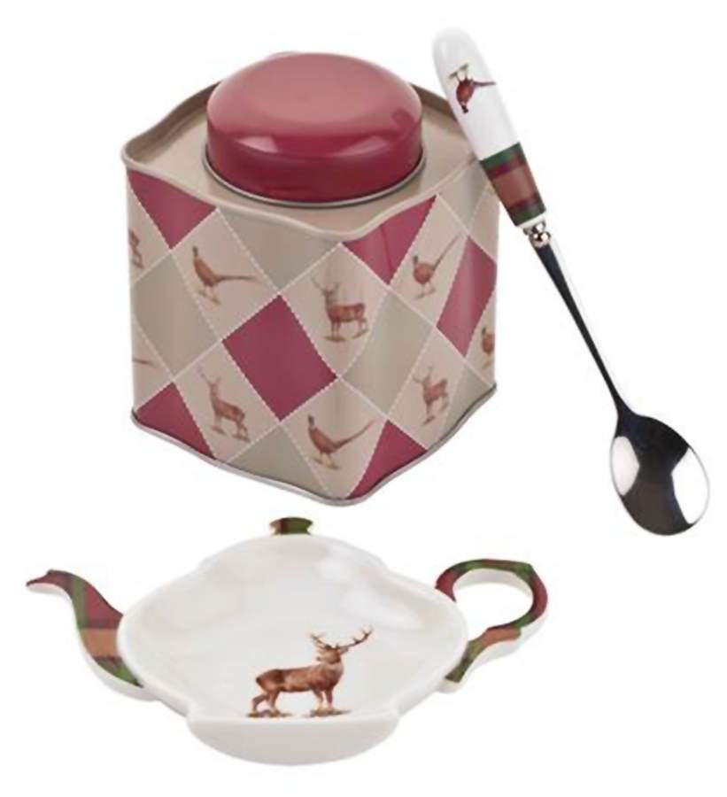 Glen Lodge Tartan (3 Pc) Tea Set (Tin Tea Caddy,Spoon &Spoon Holder by Spode-1