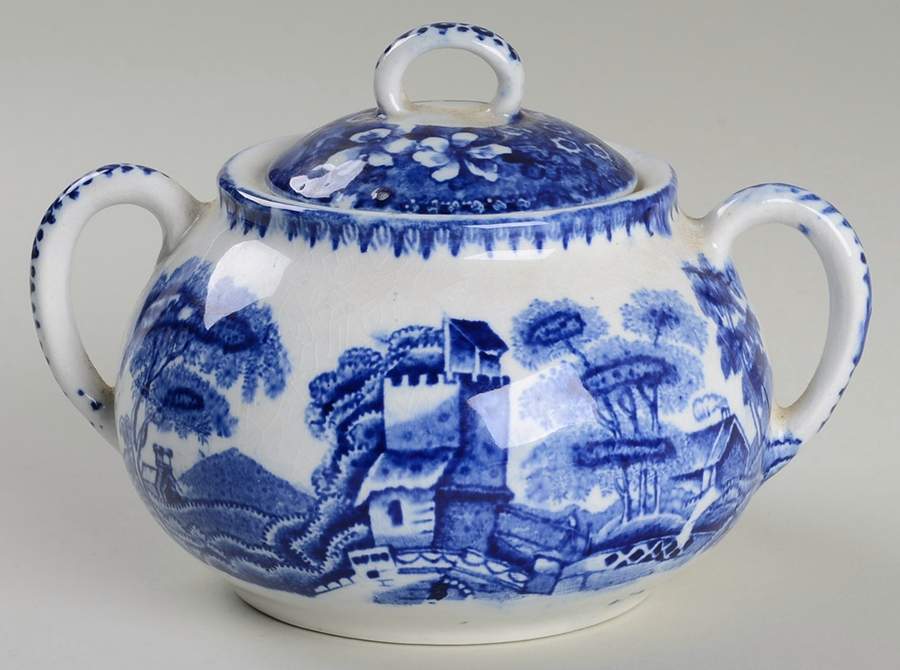 Old Castle Blue Sugar Bowl & Lid by Staffordshire-1