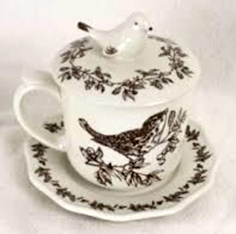 Bird Toile Brown Flat Demitasse Cup & Saucer Set with Lid by Sadek-1