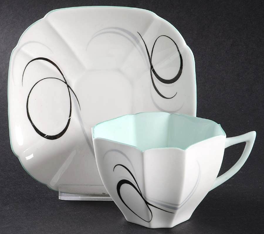 Fantasy (Green Trim) Flat Cup & Saucer Set by Shelley-1