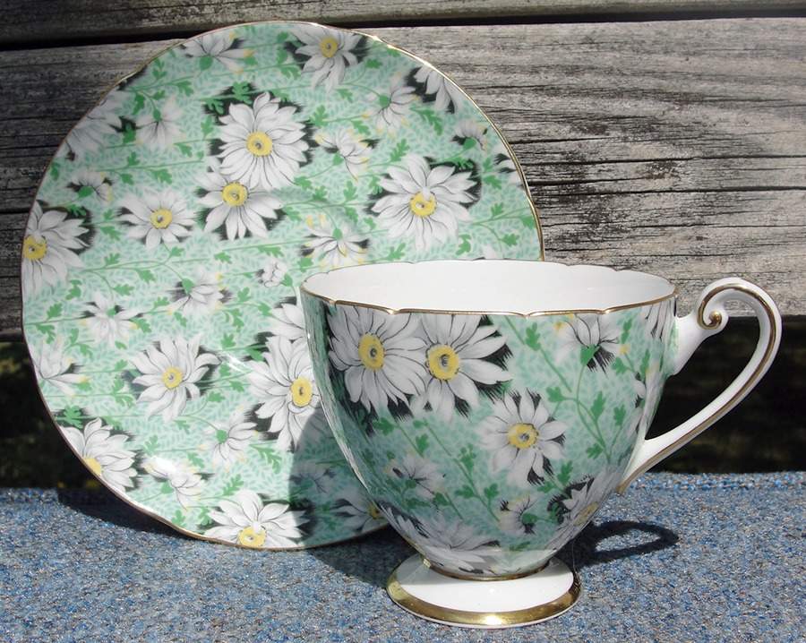 Green Daisy Footed Cup & Saucer Set by Shelley-1
