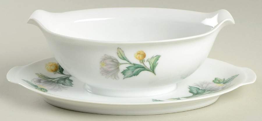 Chrysanthemum (Coupe, No Trim) Gravy Boat with Attached Underplate by Sango-1