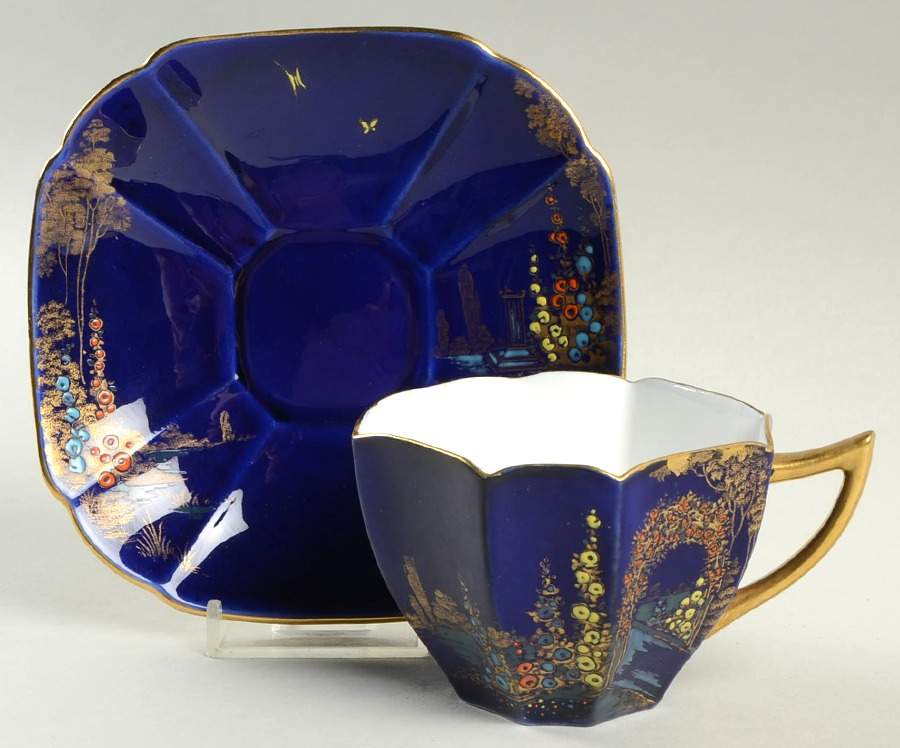 Archway of Roses (Blue Background) Flat Cup & Saucer Set by Shelley-1