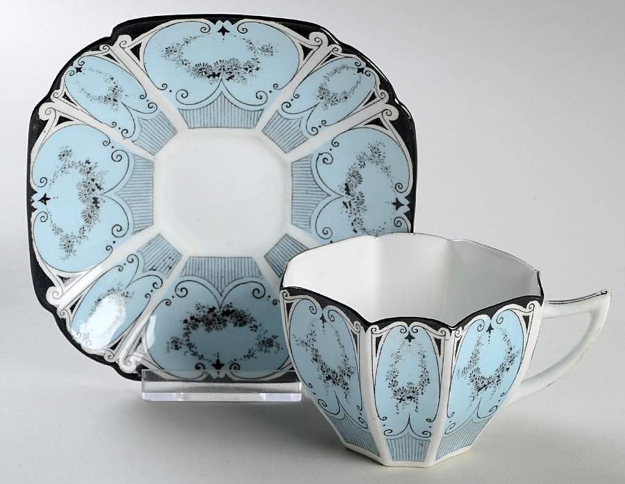 Garland of Flowers Blue Flat Cup & Saucer Set by Shelley-1