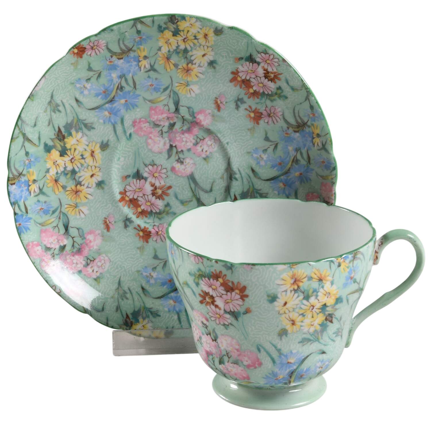 Melody (Smooth, Green Trim) Footed Cup & Saucer Set by Shelley-1