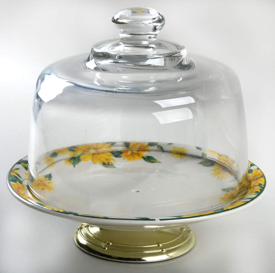 Sunflower 6 1/2"-7 1/2" Footed Cheese Plate w/ Glass Dome HC by Thomson-1