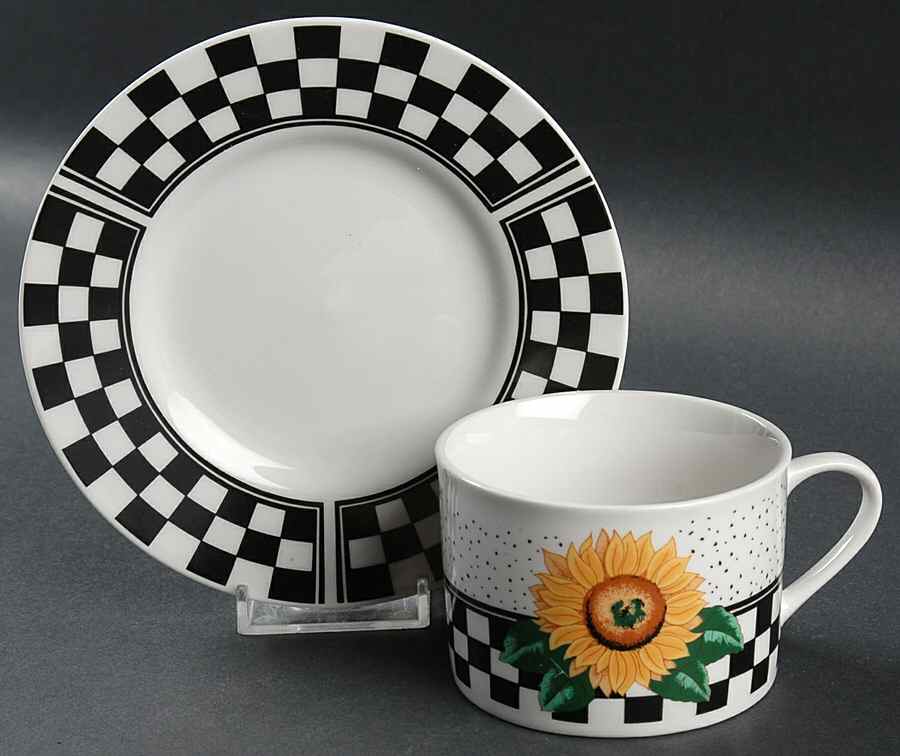Sunny (Light Or Dark Yellow Flowers) Flat Cup & Saucer Set by Tabletops Unlimited-1