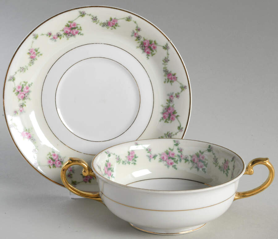 Garland Rose Footed Cream Soup Bowl & Saucer Set by Thun-1