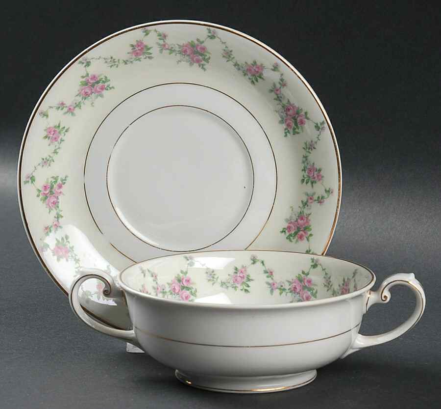 Garland Rose Footed Cream Soup Bowl & Saucer Set by Thun-1