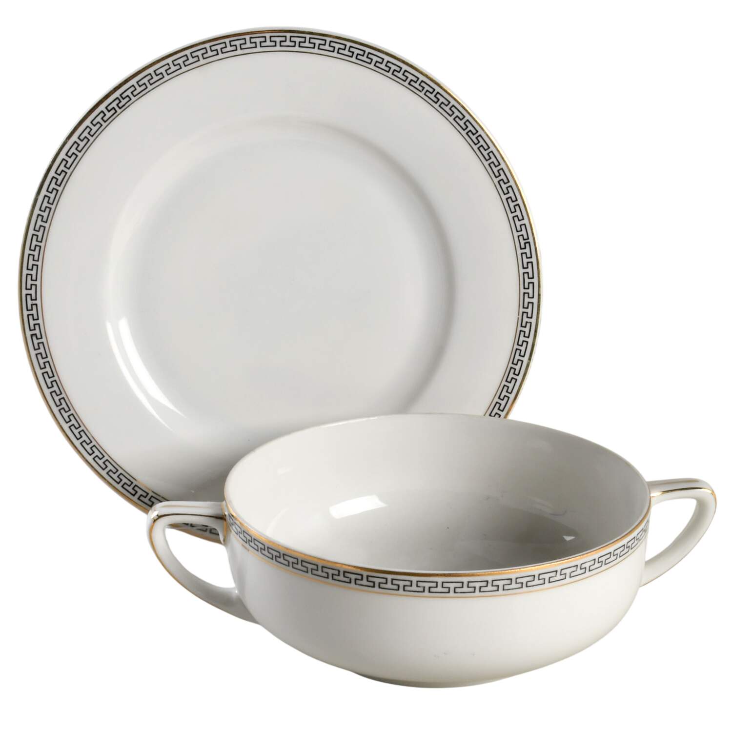 Greek Key Flat Cream Soup Bowl & Saucer Set by Thun-1
