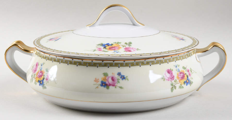 Rosemary (Floral, Greek Key Design) Round Covered Vegetable by Thun-1