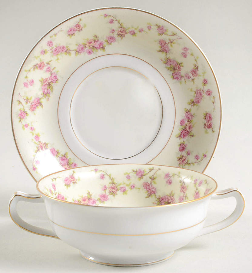 Rosemary (Small Pink Roses) Footed Cream Soup Bowl & Saucer Set by Thun-1
