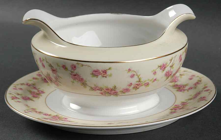 Rosemary (Small Pink Roses) Gravy Boat with Attached Underplate by Thun-1