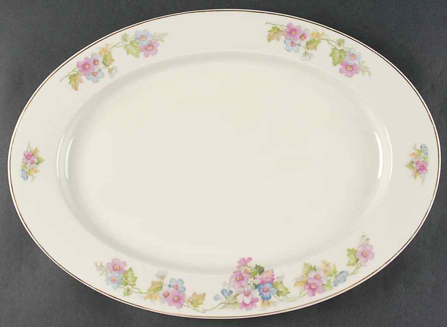Springtime (Ivory Background, Pink Blue Gray) 16" Oval Serving Platter by Thun-1