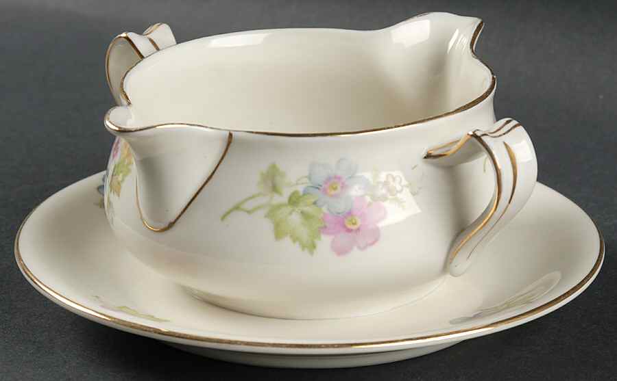 Springtime (Ivory Background, Pink Blue Gray) Gravy Boat with Attached Underplate by Thun-1