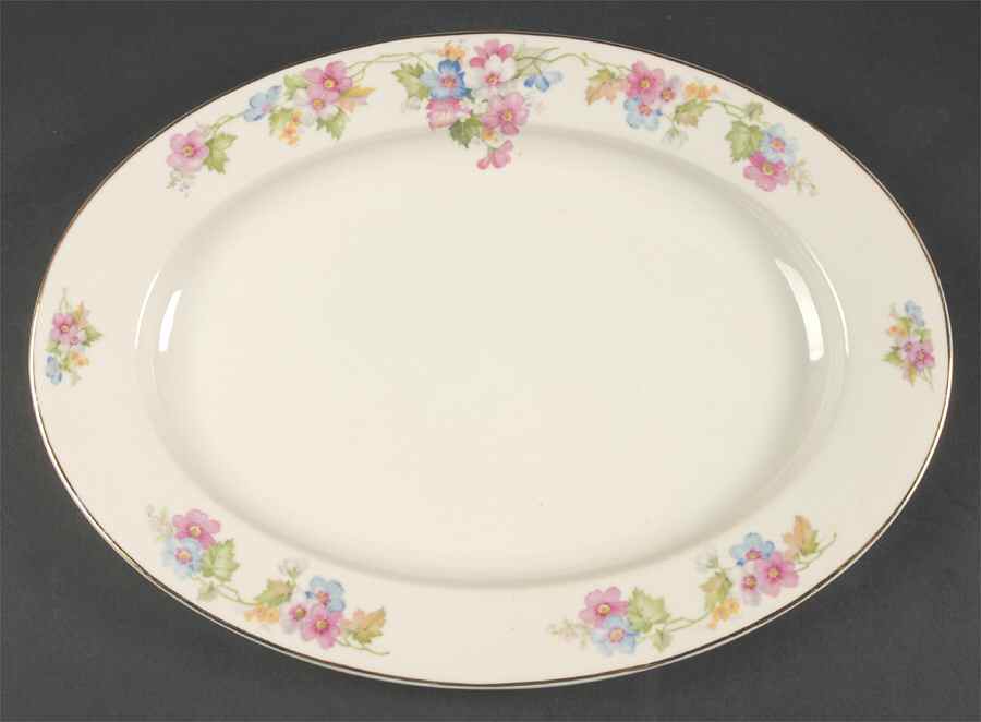 Springtime (Ivory Background, Pink Blue Gray) 14" Oval Serving Platter by Thun-1
