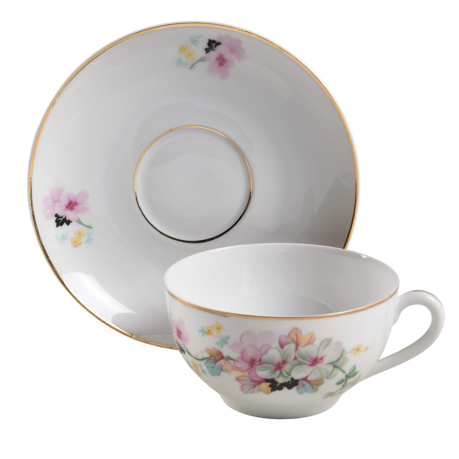 Virginia (Pink Flowers, Black Leaves) Flat Cup & Saucer Set by Thun-1