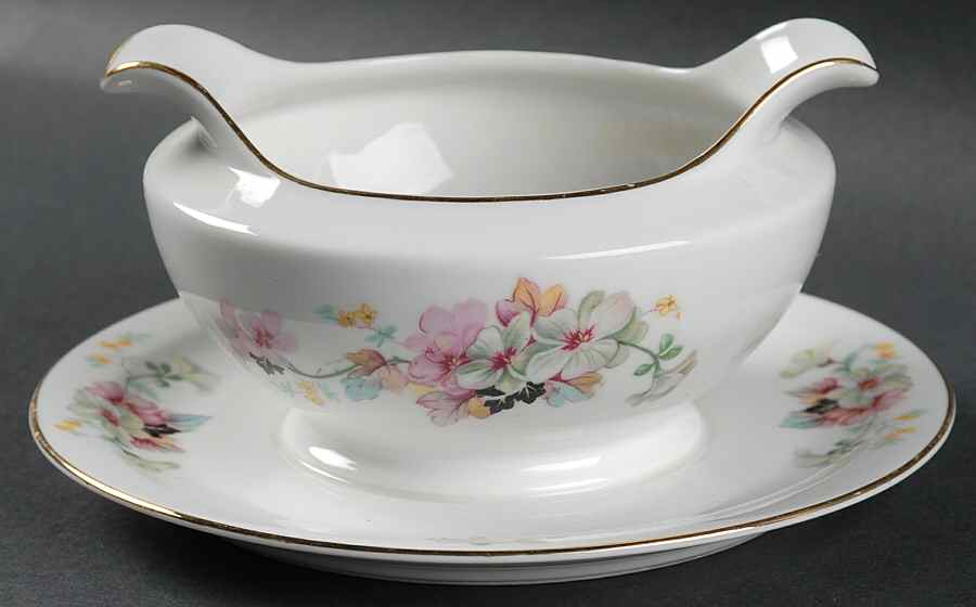 Virginia (Pink Flowers, Black Leaves) Gravy Boat with Attached Underplate by Thun-1