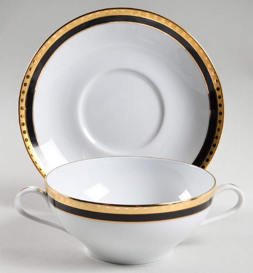 Black Band Flat Cream Soup Bowl & Saucer Set by Tiffany-1