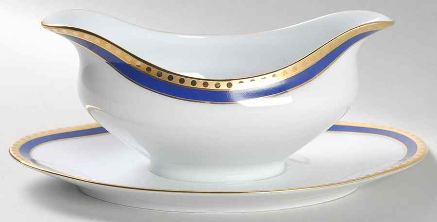 Blue Band Gravy Boat with Attached Underplate by Tiffany-1