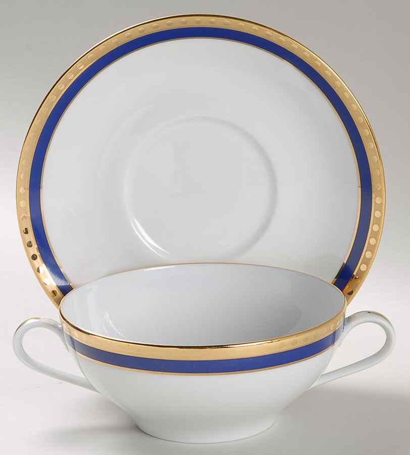 Blue Band Flat Cream Soup Bowl & Saucer Set by Tiffany-1