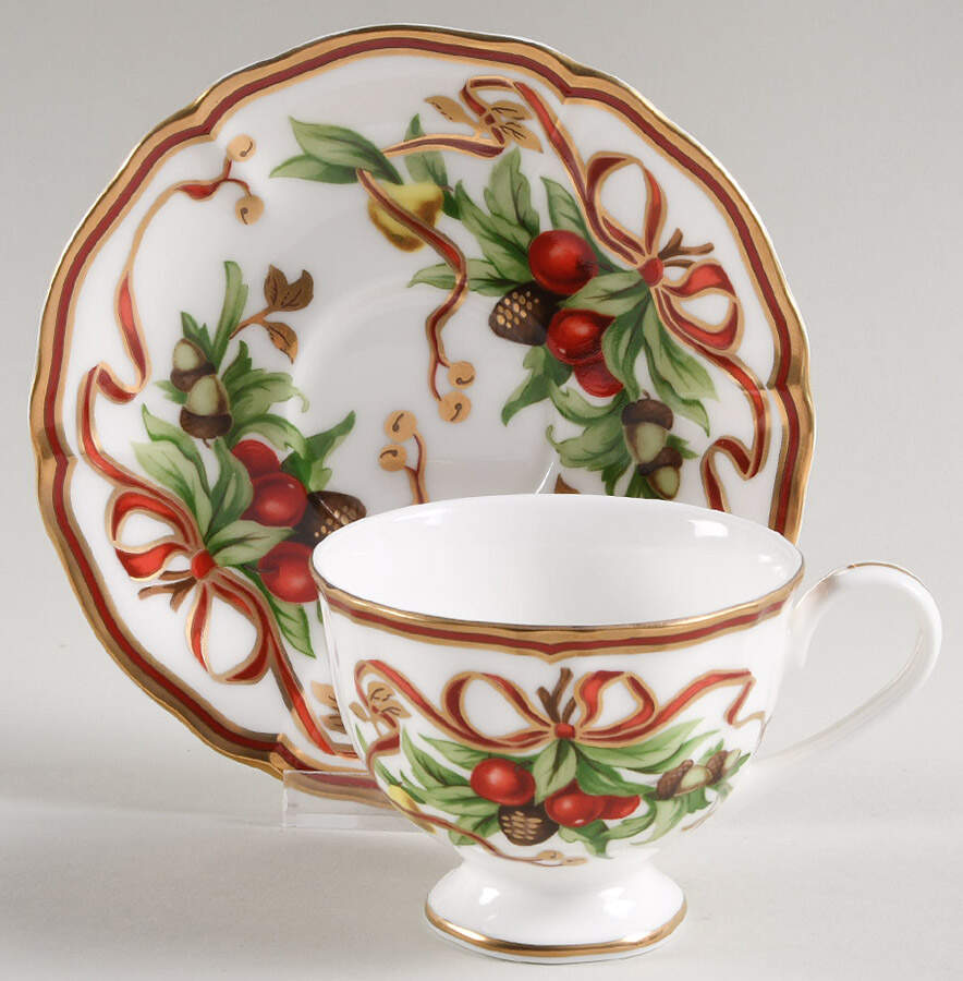 Tiffany Holiday (White Background, Japan) Footed Cup & Saucer Set by Tiffany-1
