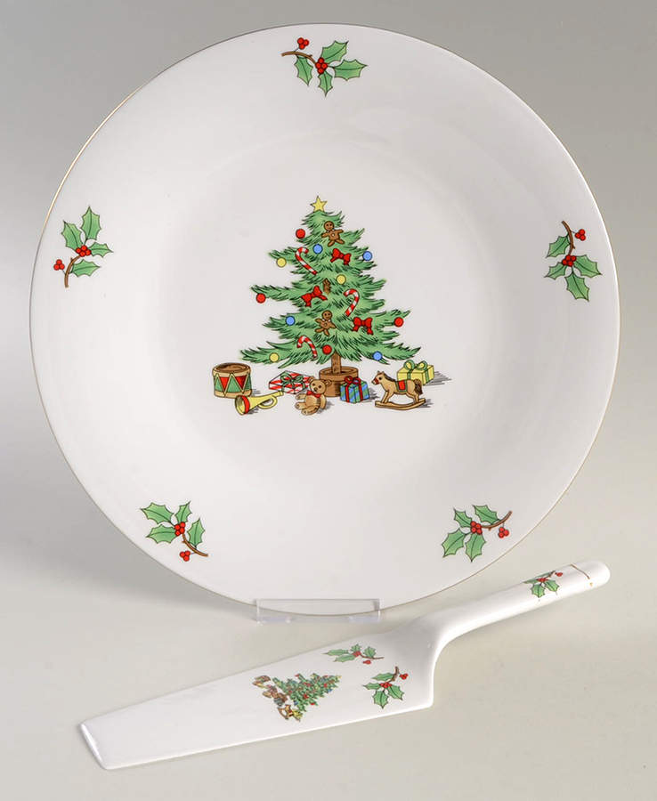 Holiday Hostess (Trim, Gold Band) Cake Plate and Server (Boxed Set) by Tienshan-1
