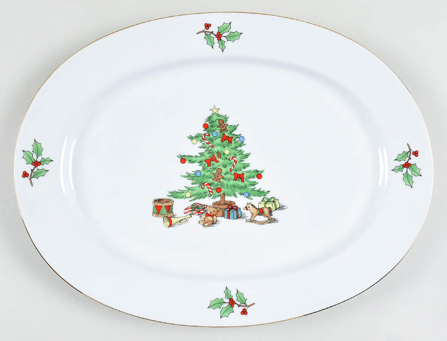 Holiday Hostess (Trim, Gold Band) 14" Oval Serving Platter by Tienshan-1