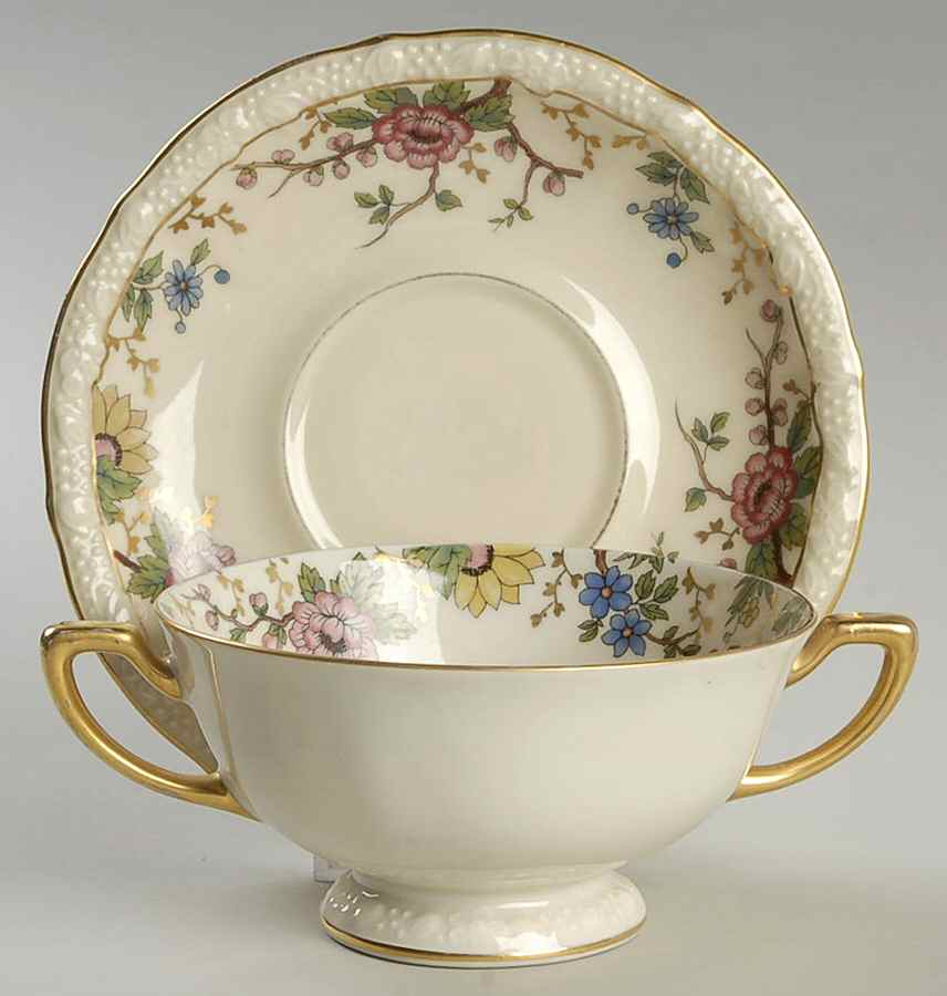Primavera (Cream) Footed Cream Soup Bowl & Saucer Set by R S Tillowitz-1