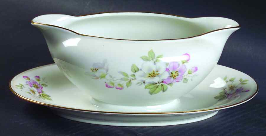 Apple Blossom (White Background) Gravy Boat with Attached Underplate by Tirschenreuth-1