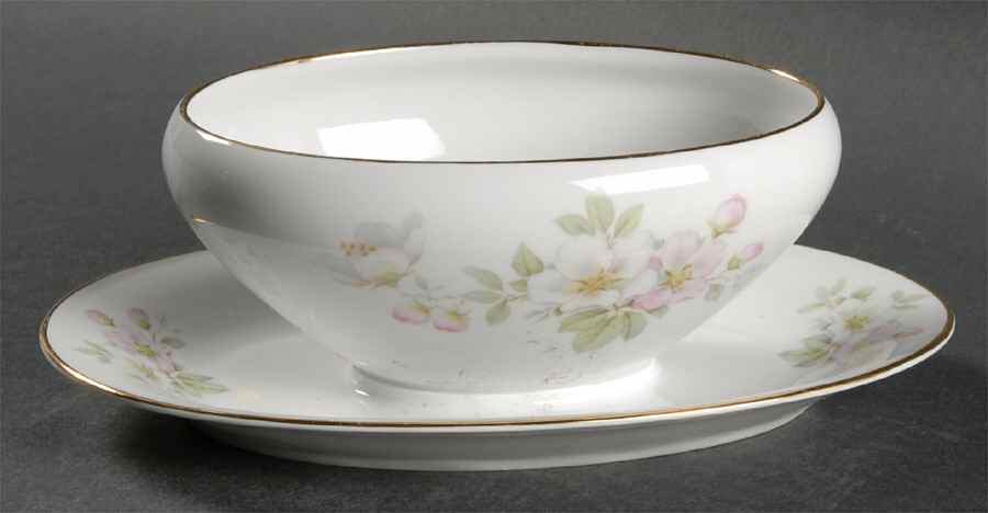Apple Blossom (White Background) Gravy Boat with Attached Underplate by Tirschenreuth-1