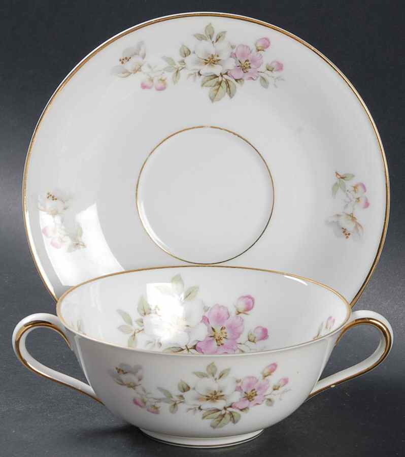 Apple Blossom (White Background) Footed Cream Soup Bowl & Saucer Set by Tirschenreuth-1