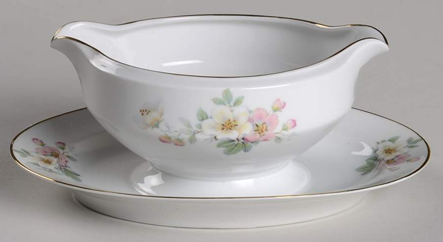 Apple Blossom (White Background) Gravy Boat with Attached Underplate by Tirschenreuth-1