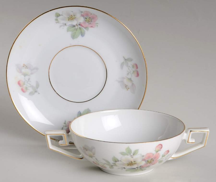 Apple Blossom (White Background) Flat Cream Soup Bowl & Saucer Set by Tirschenreuth-1