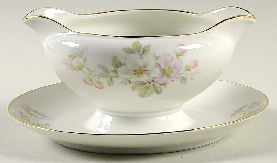 Apple Blossom (White Background) Gravy Boat with Attached Underplate by Tirschenreuth-1