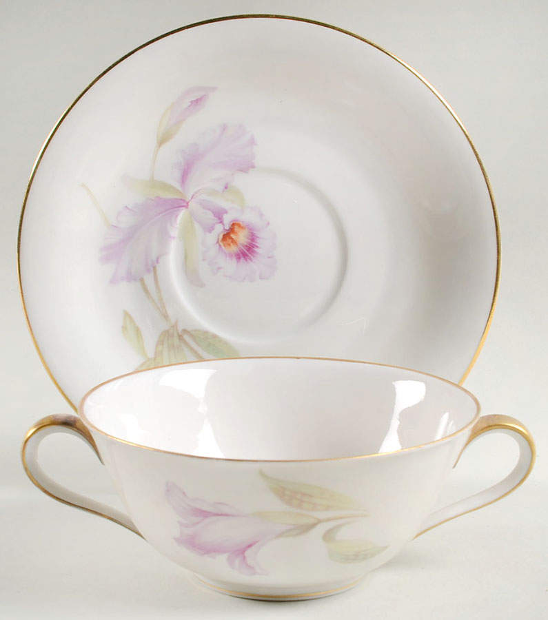 Orchid (White Background) Flat Cream Soup Bowl & Saucer Set by Tirschenreuth-1