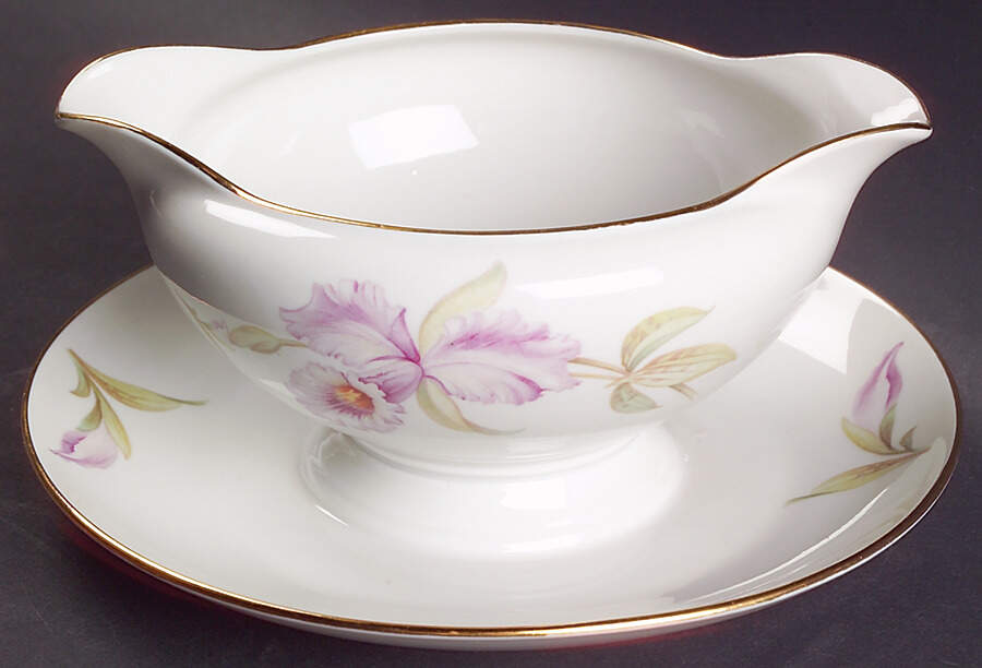 Orchid (White Background) Gravy Boat with Attached Underplate by Tirschenreuth-1