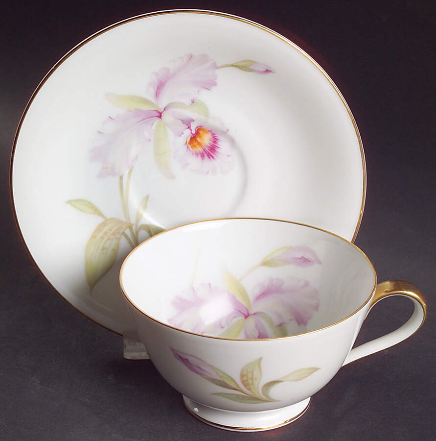 Orchid (White Background) Footed Cup & Saucer Set by Tirschenreuth-1