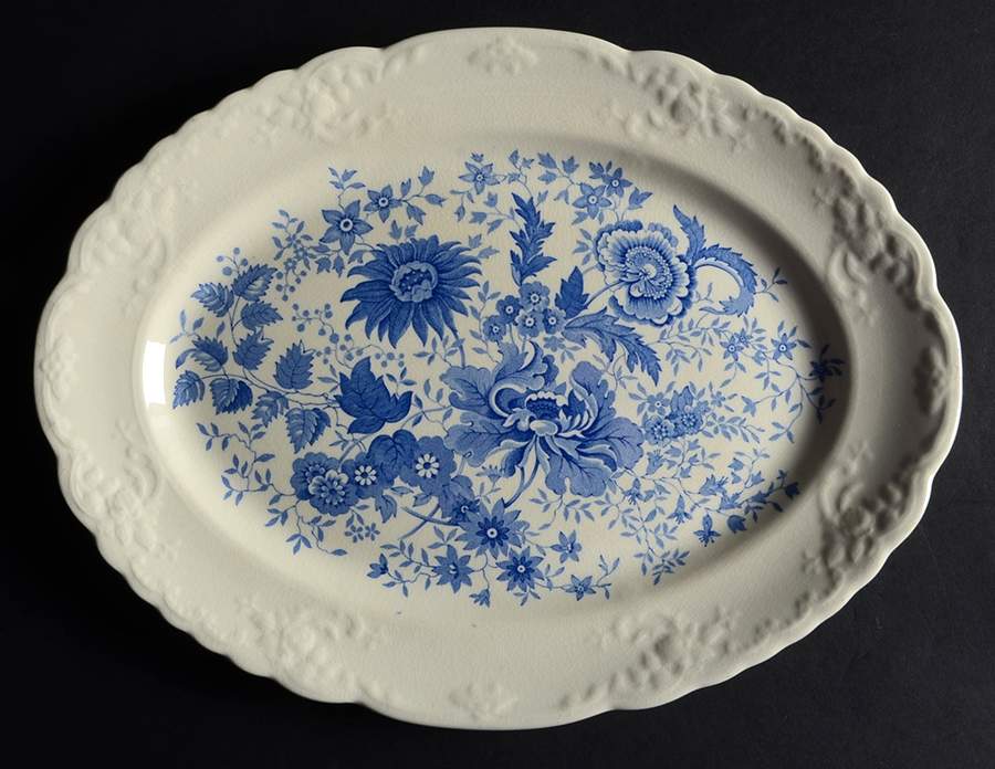 Center Bouquet Blue (Fairway Shape) 13" Oval Serving Platter by Taylor, Smith & Taylor (Ts&T)-1