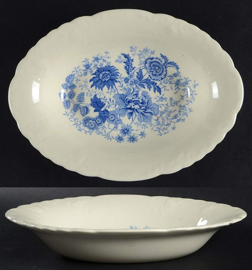 Center Bouquet Blue (Fairway Shape) 9" Oval Vegetable Bowl by Taylor, Smith & Taylor (Ts&T)-1
