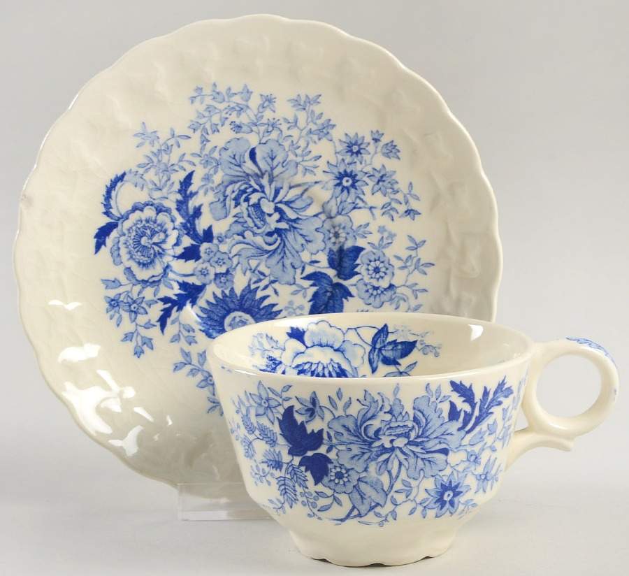 Center Bouquet Blue (Garland Shape) Flat Cup & Saucer Set by Taylor, Smith & Taylor (Ts&T)-1