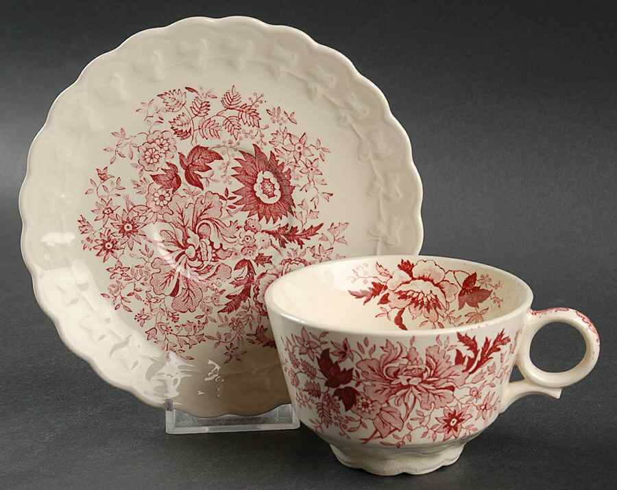 Center Bouquet Red (Garland Shape) Flat Cup & Saucer Set by Taylor, Smith & Taylor (Ts&T)-1
