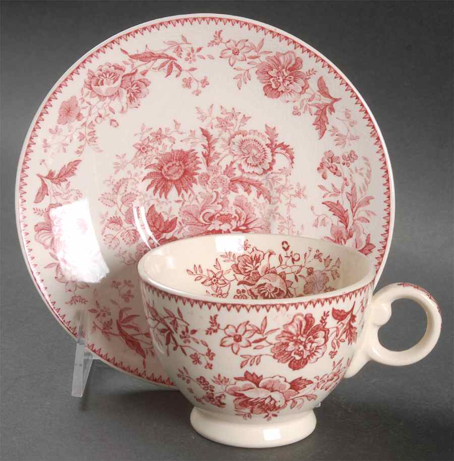 Center Bouquet Red (Smooth) Footed Cup & Saucer Set by Taylor, Smith & Taylor (Ts&T)-1