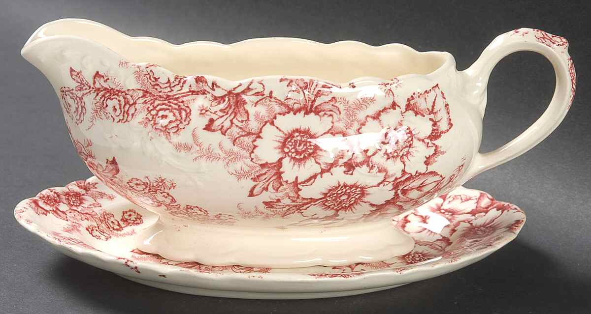 Dogwood Pink (Fairway, Cream Bkgd) Gravy Boat & Underplate by Taylor, Smith & Taylor (Ts&T)-1