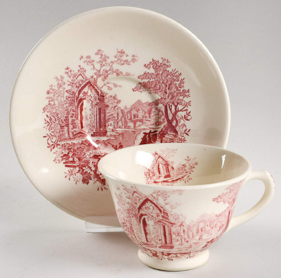 English Abbey Red (Laurel Empire, Smooth, No Trim) Footed Cup & Saucer Set by Taylor, Smith & Taylor (Ts&T)-1