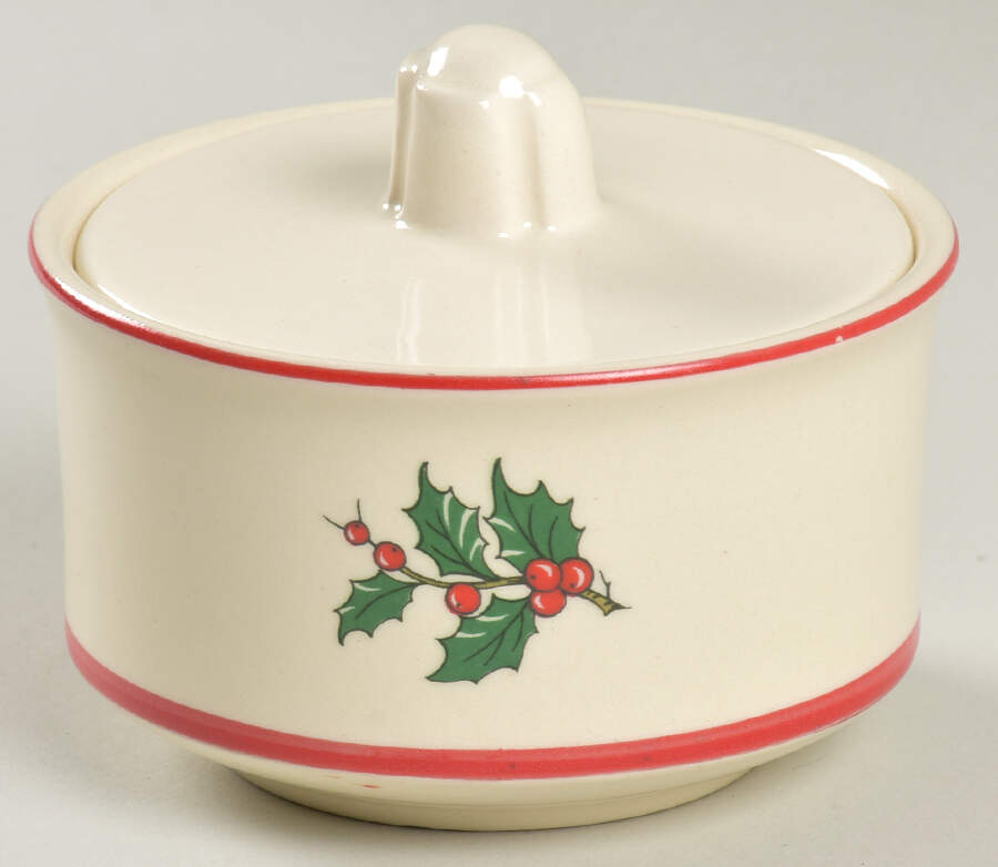 Holly and Spruce (Red Trim) Sugar Bowl & Lid by Taylor, Smith & Taylor (Ts&T)-1
