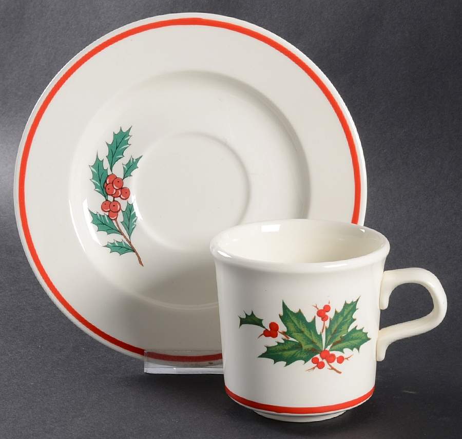 Holly and Spruce (Red Trim) Flat Cup & Saucer Set by Taylor, Smith & Taylor (Ts&T)-1