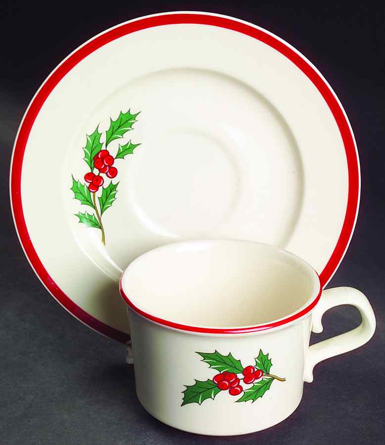 Holly and Spruce (Red Trim) Flat Cup & Saucer Set by Taylor, Smith & Taylor (Ts&T)-1